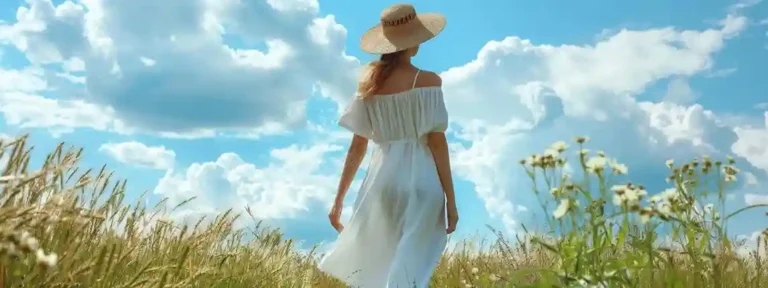 Woman in white linen dress and straw hat walking on a sunny summer day, showcasing breathable hot weather fashion.