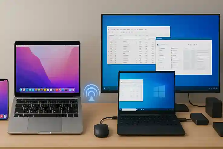macOS vs Windows Hardware Integration and Ecosystem macOS integrated with iPhone and iPad beside Windows laptop connected to multiple hardware, highlighting ecosystem and integration differences.