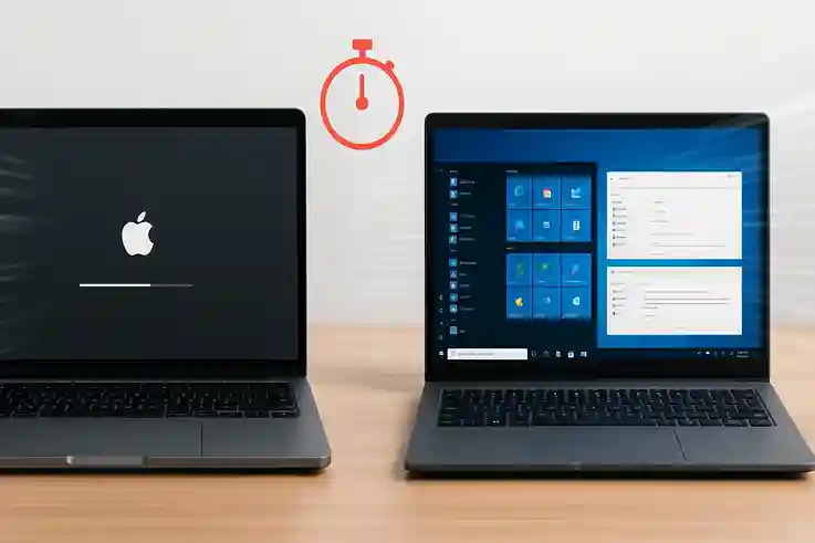macOS vs Windows Performance and Speed Comparison macOS vs Windows laptops compared side by side, highlighting startup speed and multitasking performance.