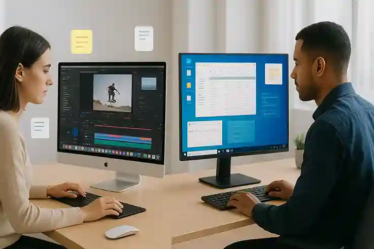 macOS vs Windows Productivity Tools and Software Compatibility macOS running creative tools beside Windows handling office software, highlighting productivity and software compatibility differences.