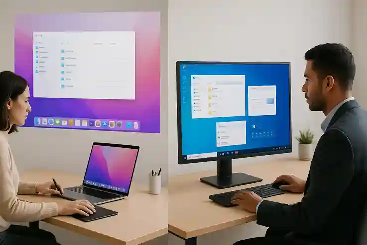macOS vs Windows User Interface and Experience Split workspace showing macOS minimalist interface and Windows customizable interface, comparing user experience and productivity workflows.