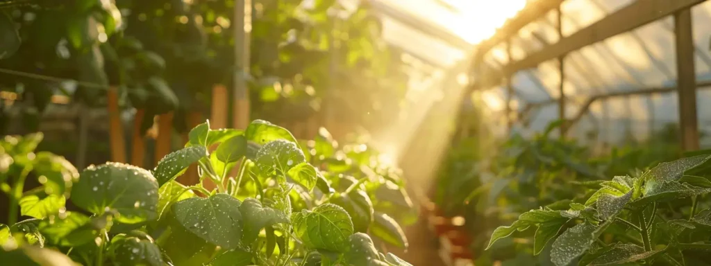 Sunlit greenhouse with fresh green plants in an eco farming setup.