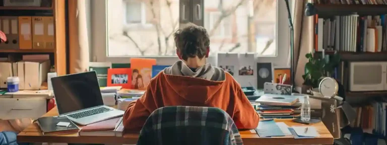 High school junior studying at a desk with college brochures, a laptop, and a calendar marked with test dates, showing focused college prep