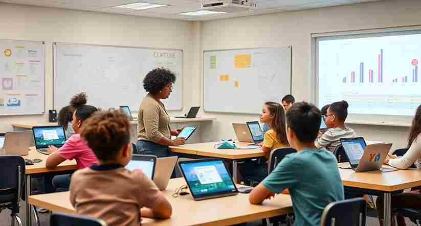 Diverse U.S. students in a tech-enabled classroom using digital tools for personalized learning with teacher support and individual progress tracking.