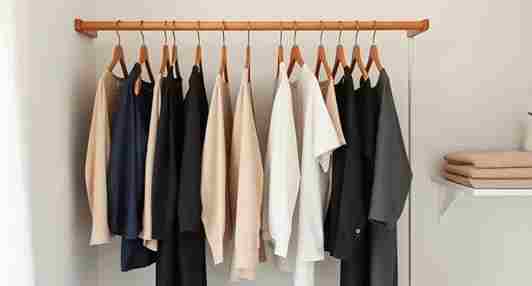 Minimalist capsule wardrobe with neutral-toned clothing neatly hung and folded in an airy, organized space.
