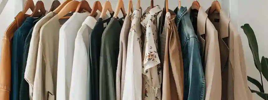 Plus-size capsule wardrobe with neutral basics like blazers, jeans, wrap dress, and layering pieces on a rack.