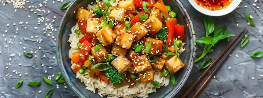 Colorful veggie stir-fry with tofu and brown rice, garnished with sesame seeds and scallions.