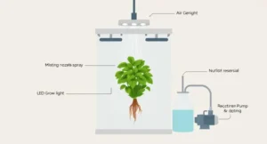 Diagram of an aeroponic farming system showing misting nozzles spraying plant roots suspended in air inside a closed chamber.