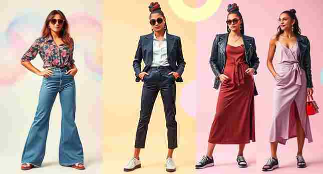 Stylish woman in retro-inspired outfit with flared jeans, vintage sunglasses, and bold accessories, confidently posing outdoors
