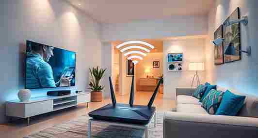 Modern smart home with Wi-Fi 7 router connecting multiple devices like 8K TV, tablet video call, smart lights, and security cameras.