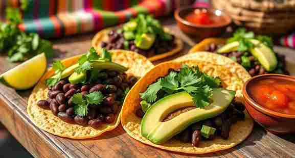 Close-up of freshly made black bean tacos topped with creamy avocado slices, fresh cilantro, and lime wedges on warm corn tortillas, served on a rustic wooden table.