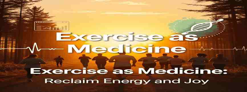 Diverse group of people jogging and doing yoga at sunrise, with medical icons like a heartbeat line and DNA strand subtly blended into the scene.