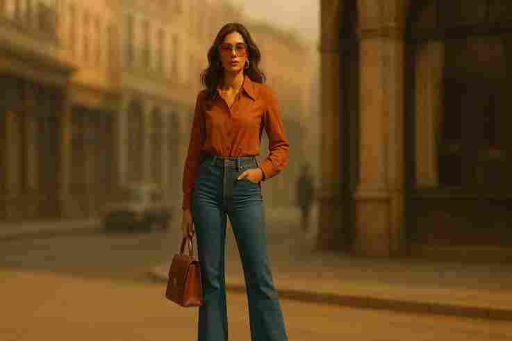 A stylish woman in 70s-inspired fashion standing in soft city light, wearing flared jeans, platform shoes, and oversized sunglasses.