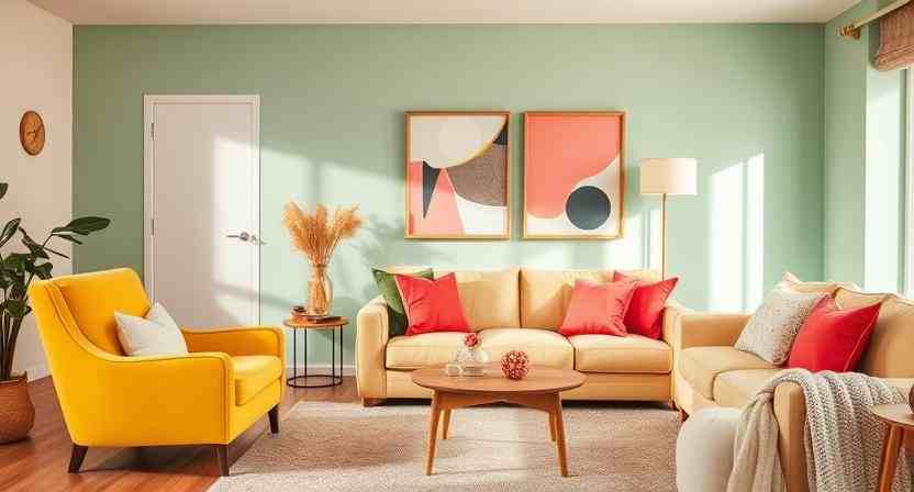 Bright dopamine decor living room featuring a yellow armchair, coral accents, mint wall, and soft textures in natural light