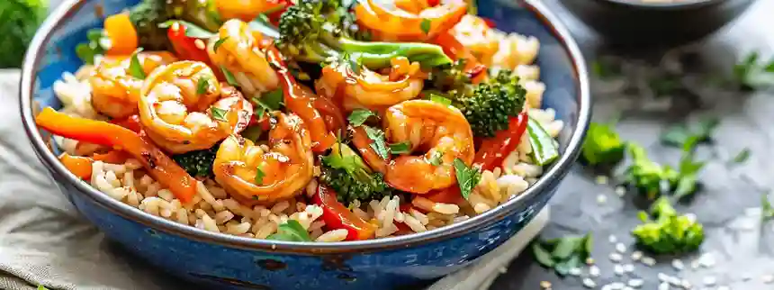 Shrimp stir-fry with brown rice, bell peppers, and broccoli in a bowl