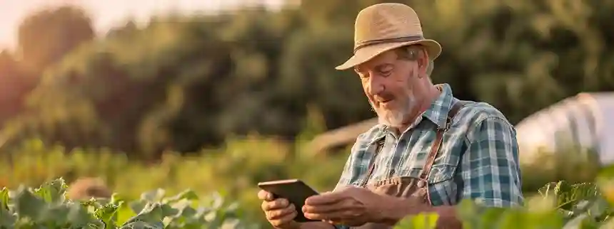 Farmer using a tablet with a farm management app to track field data and weather in a rural U.S. farm setting