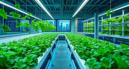 Indoor hydroponic farm with leafy greens growing under LED lights in a vertical system
