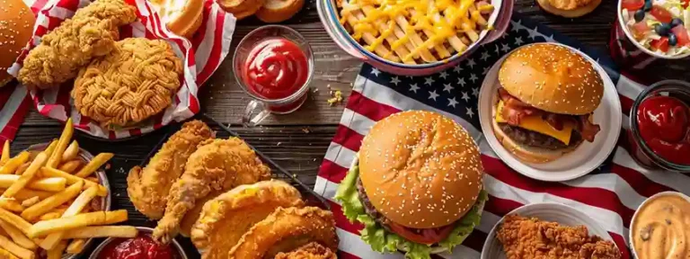 A spread of iconic American foods including burger, pie, and fried chicken