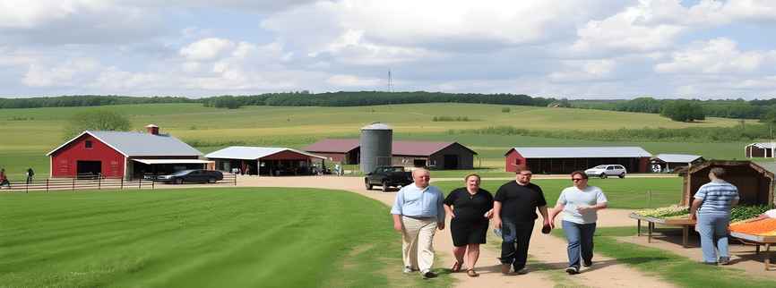 Scenic American farm with visitors picking apples, touring a red barn, and enjoying hayrides under a blue sky.