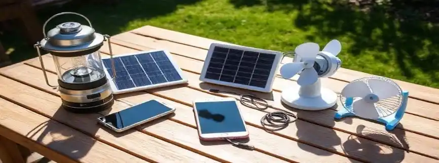 Solar powered gadgets including lantern, fan, and charger on a wooden table outdoors