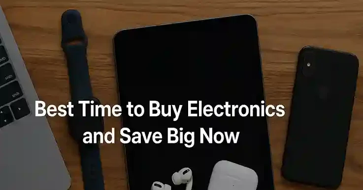 Digital promotional banner with the title “Best Time to Buy Electronics and Save Big Now” displayed across icons of a TV, laptop, and smartphone, set against a modern blue gradient background.