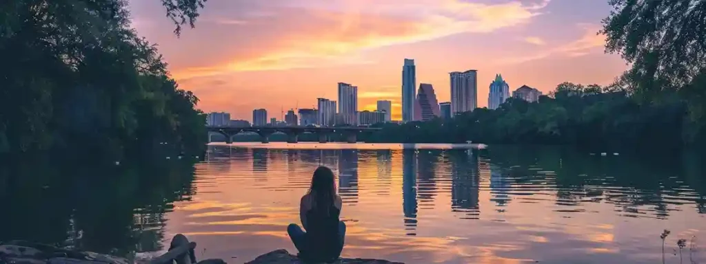 Solo traveler at Lady Bird Lake in Austin during sunset, with city skyline in background