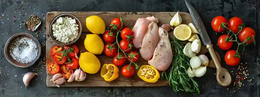 Fresh ingredients for Grilled Chicken with Roasted Veggies on a wooden board