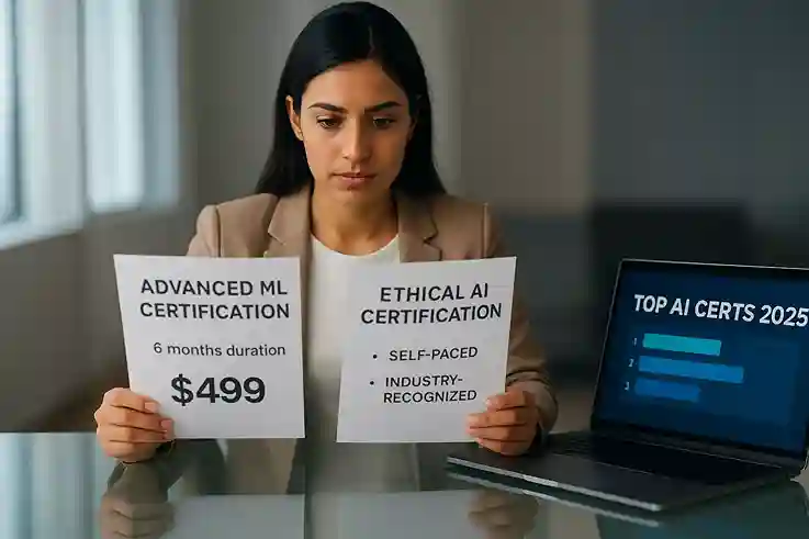 A young professional woman in business casual attire compares two AI certification documents at a glass desk, with a laptop showing a "Top AI Certs 2025" ranking.