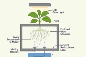 Diagram Diagram of an aeroponic farming system with misting nozzles spraying roots, LED grow light above, and nutrient water recirculating below.