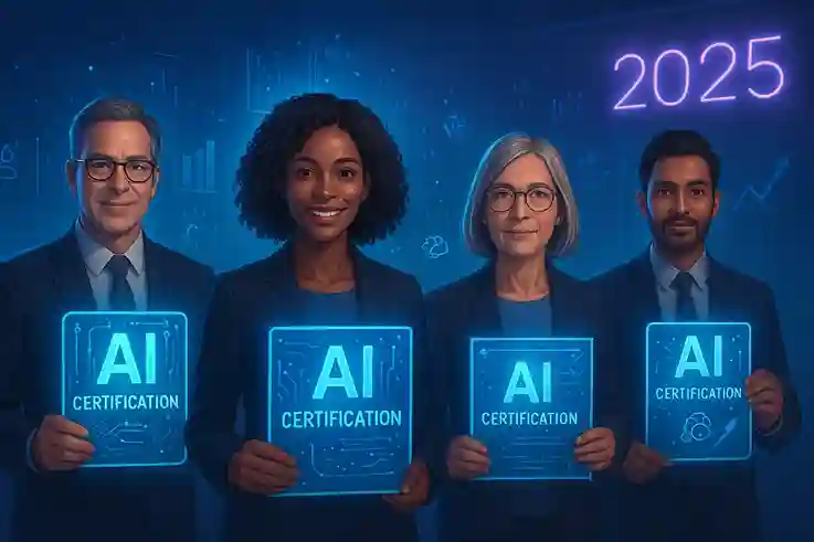 Diverse group of professionals holding glowing AI certification plaques in a futuristic office with digital graphics and a neon "2025" sign.