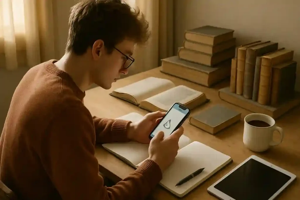Young adult using microlearning on a phone at a cozy desk.