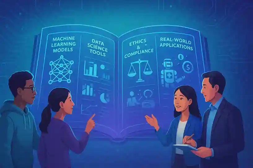 Futuristic classroom scene with diverse professionals studying a holographic AI textbook showing machine learning, data tools, ethics, and real-world applications.