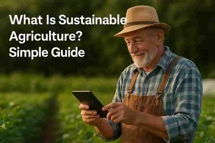 A digital illustration showing a farmer holding a plant and tablet, symbolizing sustainable agriculture practices.