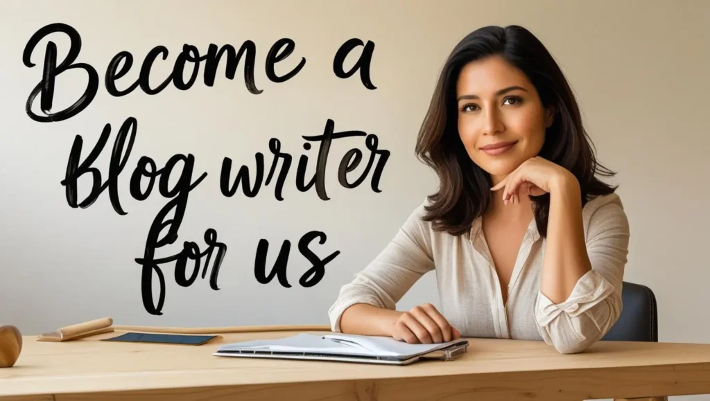 Person sitting on a chair in front of a table with text “Become a blog writer for us” on the image.