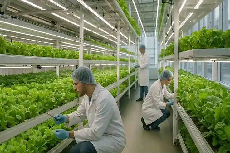 Modern vertical farm with stacked leafy greens and vegetables, workers tending crops, and LED grow lights inside an urban building.