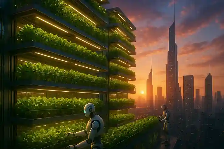 Futuristic vertical farm integrated into a city skyline, with stacked crops, drones tending plants, and glowing lights highlighting sustainable urban agriculture.