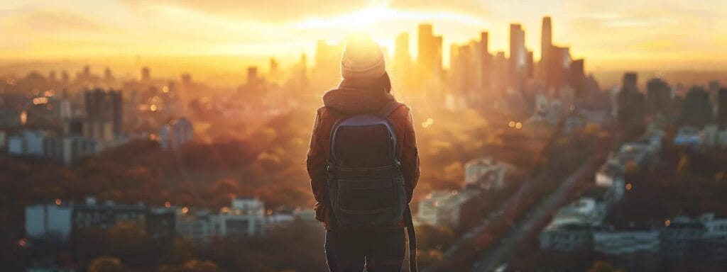 A solo traveler with a backpack stands at a scenic overlook, gazing at a panoramic city skyline during golden hour. The traveler is smiling, relaxed, and surrounded by soft natural light, capturing a sense of freedom and self-discovery.