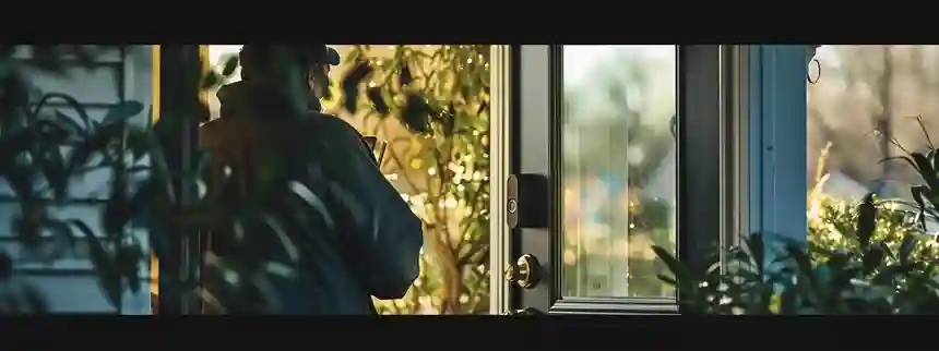 Ring Video Doorbell capturing a delivery person at the front door, with live video feed on a smartphone.