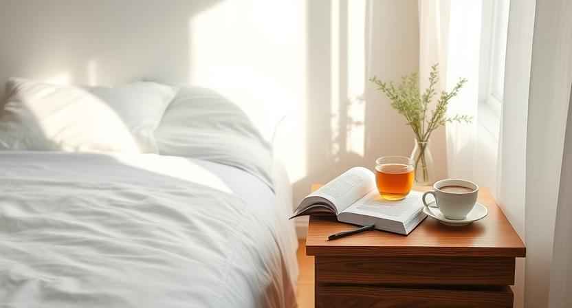 Minimalist bedroom with natural light, book, journal, and tea on nightstand, symbolizing calm and screen-free living during a digital detox.