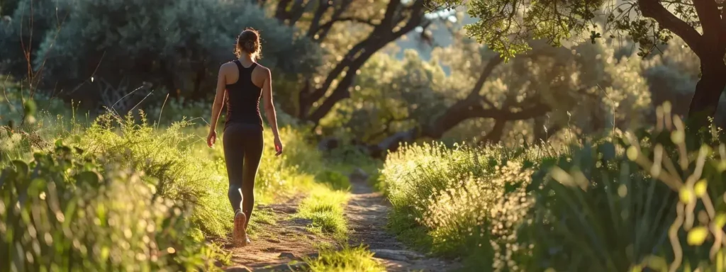 Woman in activewear walking along a path in nature