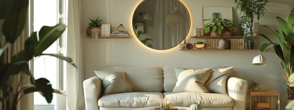 Bright and airy small space decorated with mirrors, plants, and multi-functional furniture.