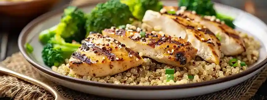 Grilled chicken breast served with quinoa and steamed broccoli on a white plate.