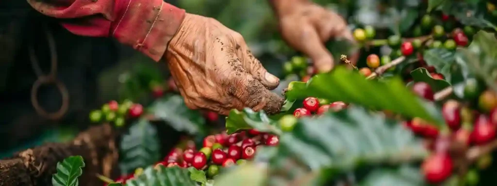 Small U.S. coffee farm with workers hand-picking cherries and harvesting equipment in view