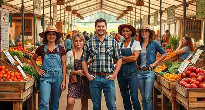 Diverse group of young farmers at a lively farmers market, surrounded by fresh produce and community shoppers.
