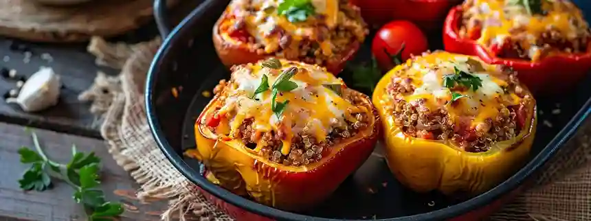 Baked stuffed bell peppers filled with quinoa and vegetables, topped with melted cheese in a casserole dish