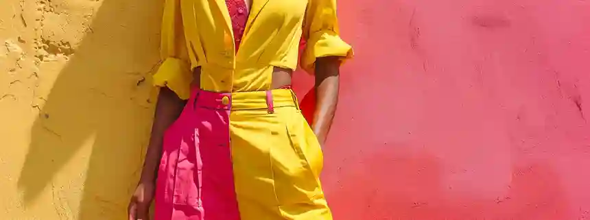 Woman wearing colorful dopamine dressing outfit in bright yellow and pink, smiling confidently outdoors