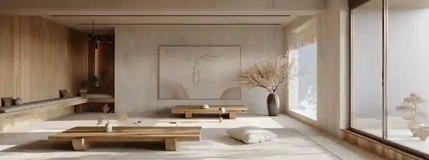 Minimalist living room with white walls, light wood furniture, neutral sofa, and a simple plant for decor