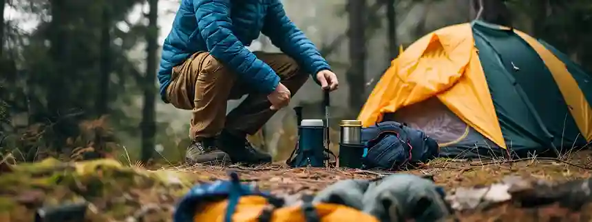 First time camper organizing gear at campsite