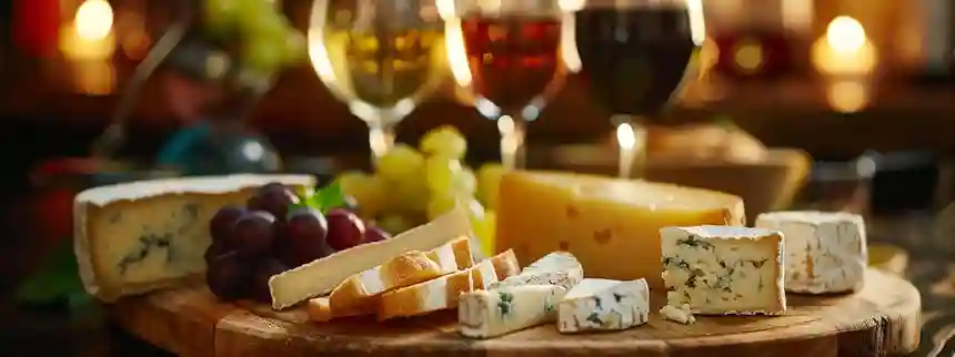 Charcuterie board with popular cheeses, fruits, nuts, and wine.