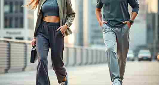 Man and woman wearing trendy athleisure wear walking in an urban setting